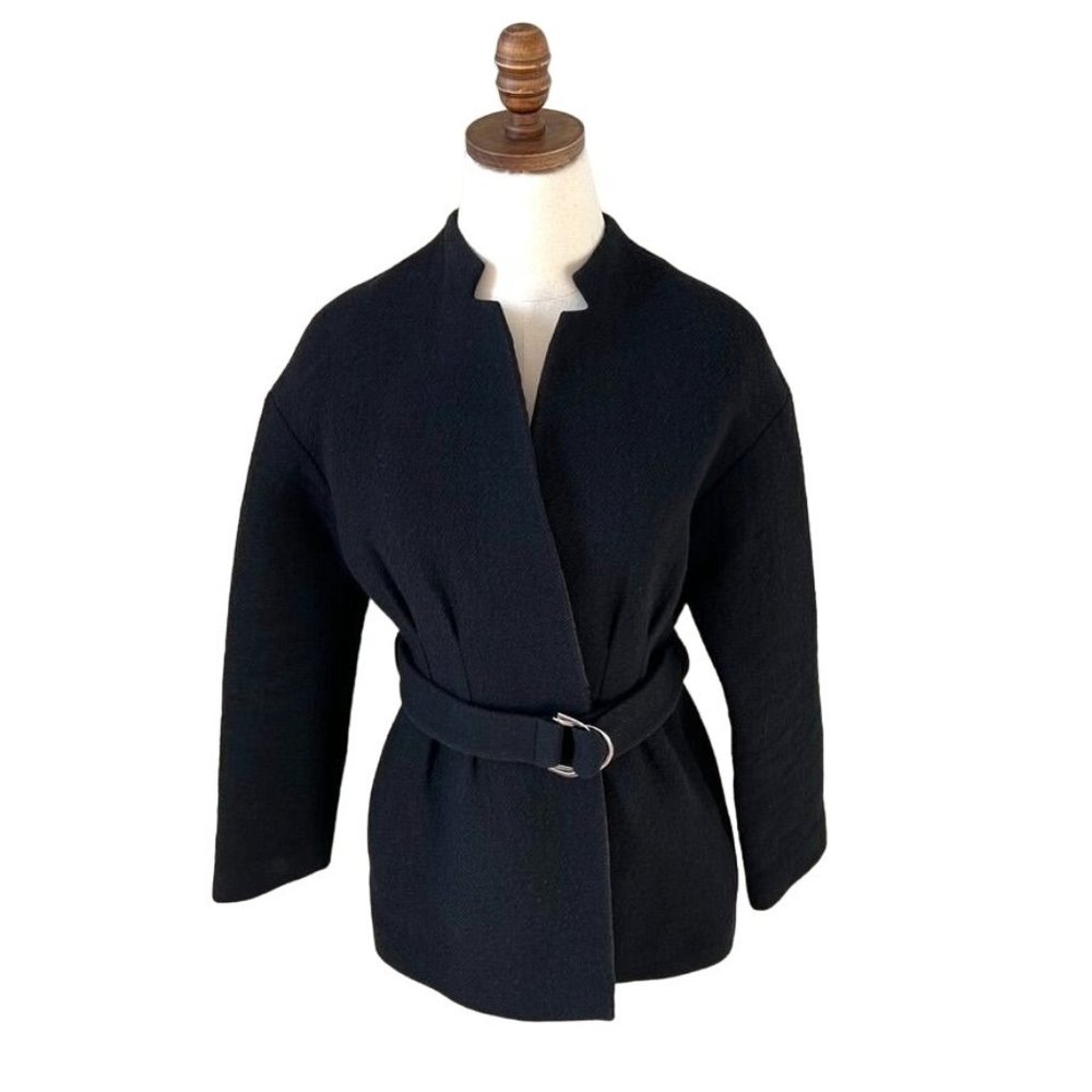 MAJE Belted Jacket Blazer Black‎ Size 2 Collarless Slit Pockets Sash Tie Closure